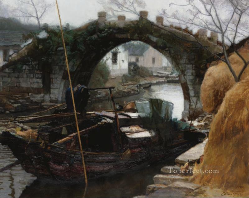 中国の江南の川の村の風景油絵